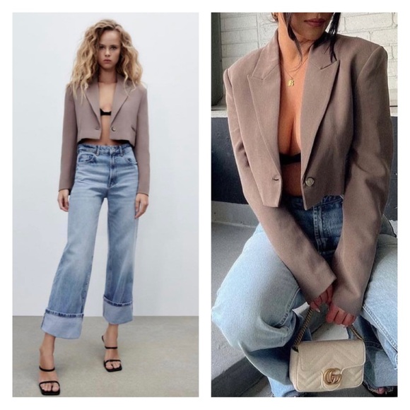 Zara Jackets & Blazers - Zara Cropped V Neck Lapel Blazer in Brown Taupe Grey Greige Size Medium